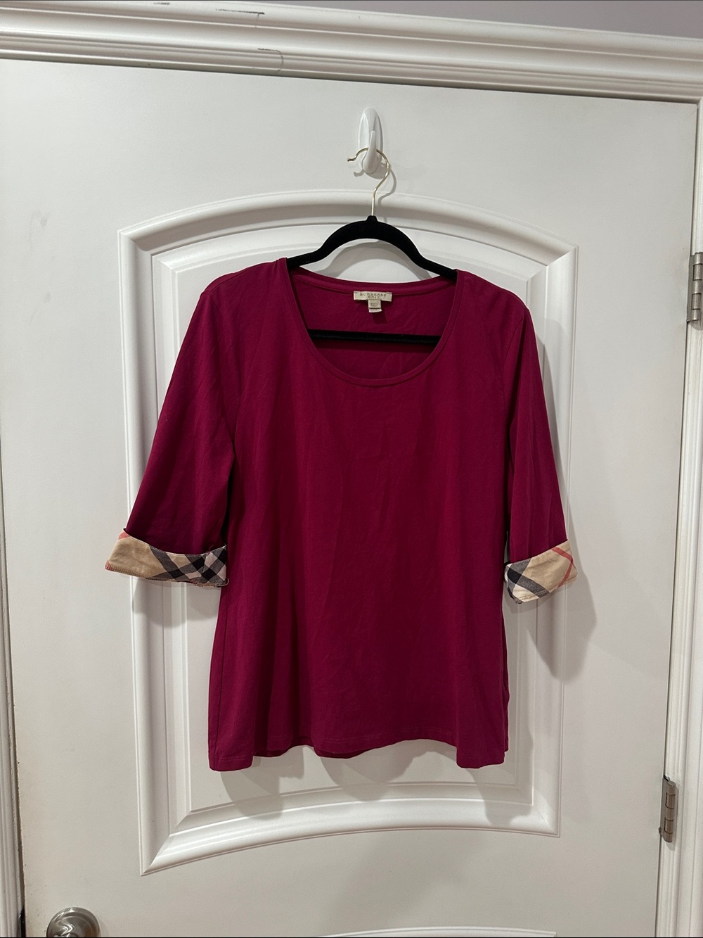 Burberry Fuchsia Short-Sleeve Tee with Check Cuff Detail